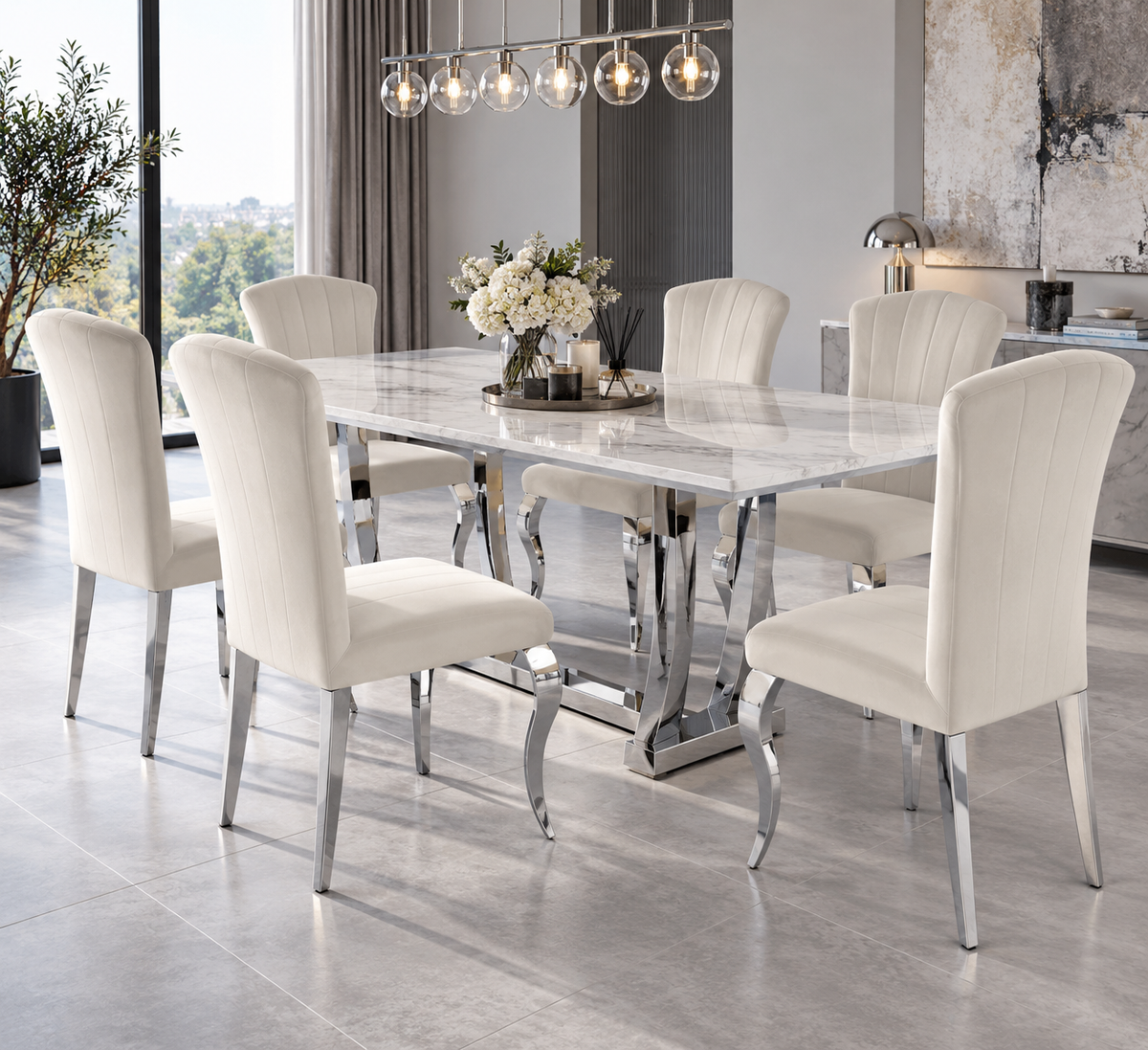Lot de 6 chaises salle à manger velours beige pieds chrome 101 cm LOUIS