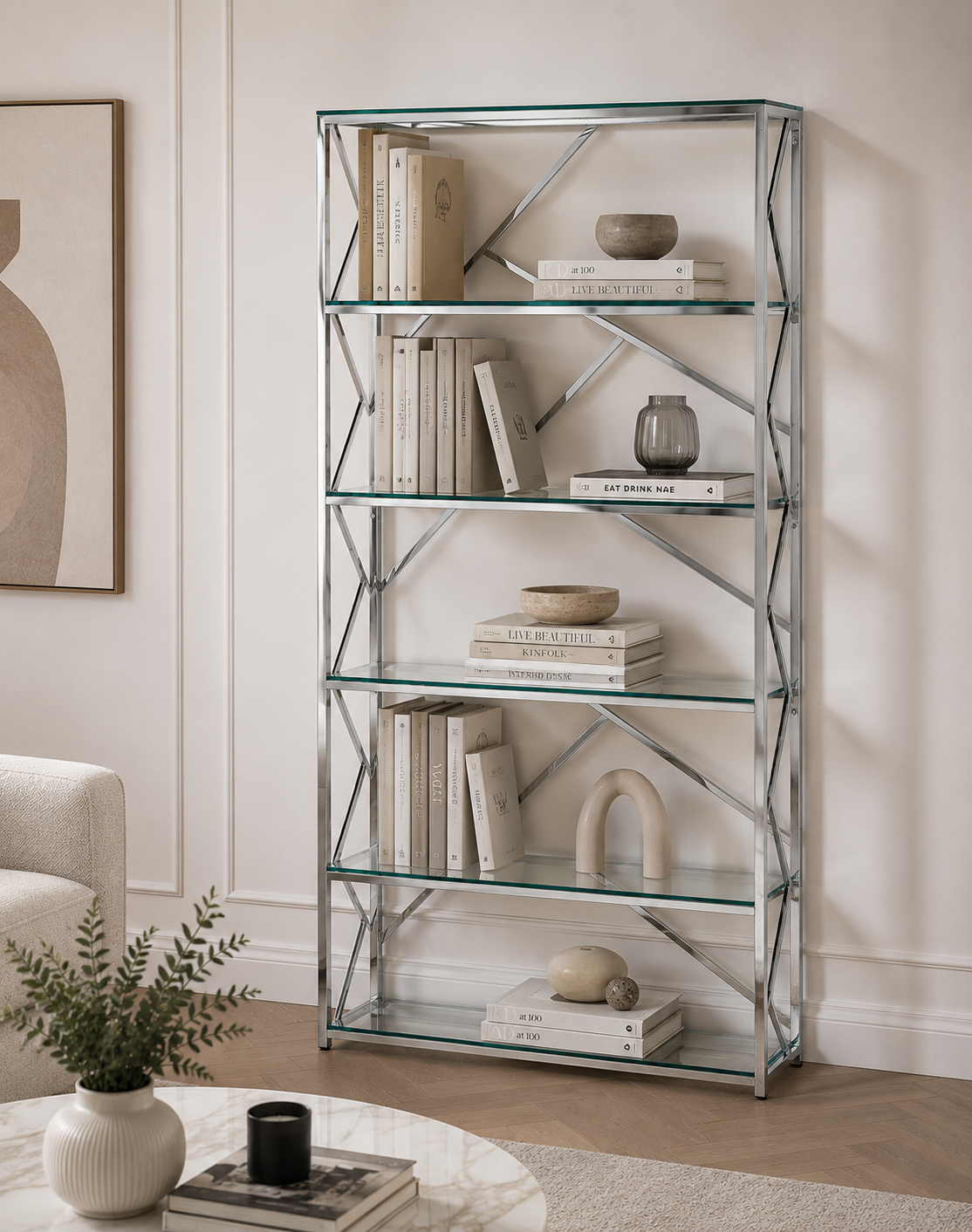 Bibliothèque GEOMAG Chrome 4 étagères en verre transparent #couleur_chrome