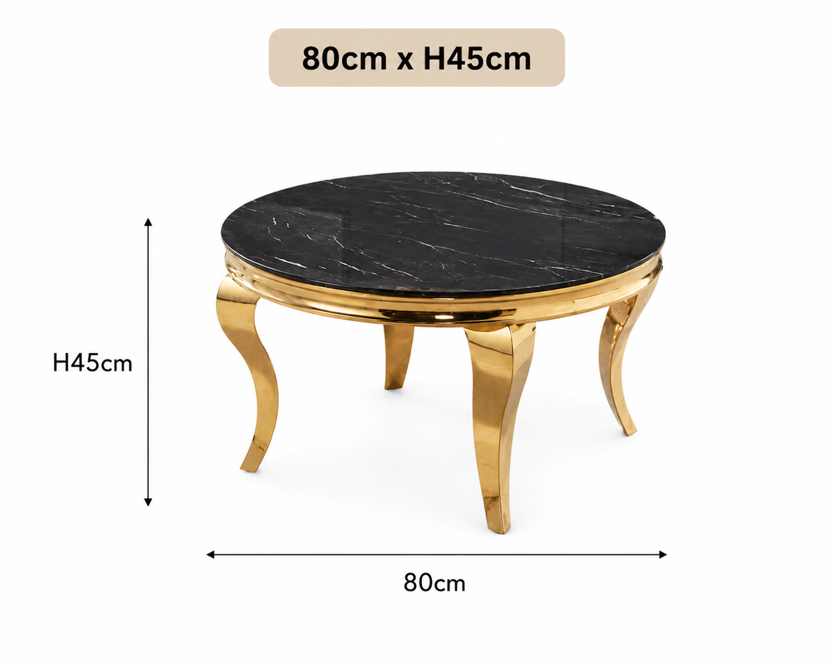 Table basse ronde baroque Gold et plateau en verre MARBRE NOIR de 80 cm