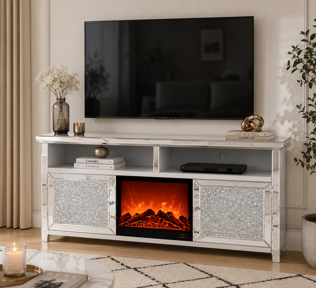 Meuble TV avec Cheminée ÉTINCELLE – 146x40x85 cm – Effet Miroir Chic
