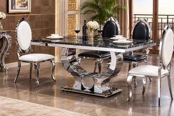 Table à manger TROFY 4 à 6 personnes 150x90 cm chrome plateau en verre effet marbré noir