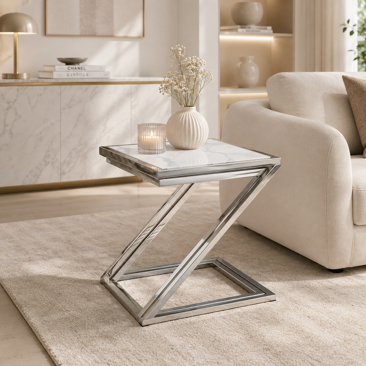 Guéridon Gigogne Z Chrome & Céramique Marbre Blanc – 45x45 / 40x40 / 35x35 cm #couleur_marbre_blanc