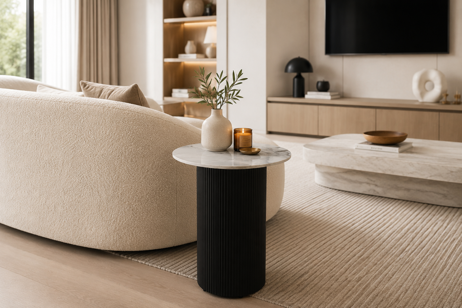 Guéridon VALMY Pieds Noirs & Plateau Céramique Ø50 cm #couleur_marbre_gris