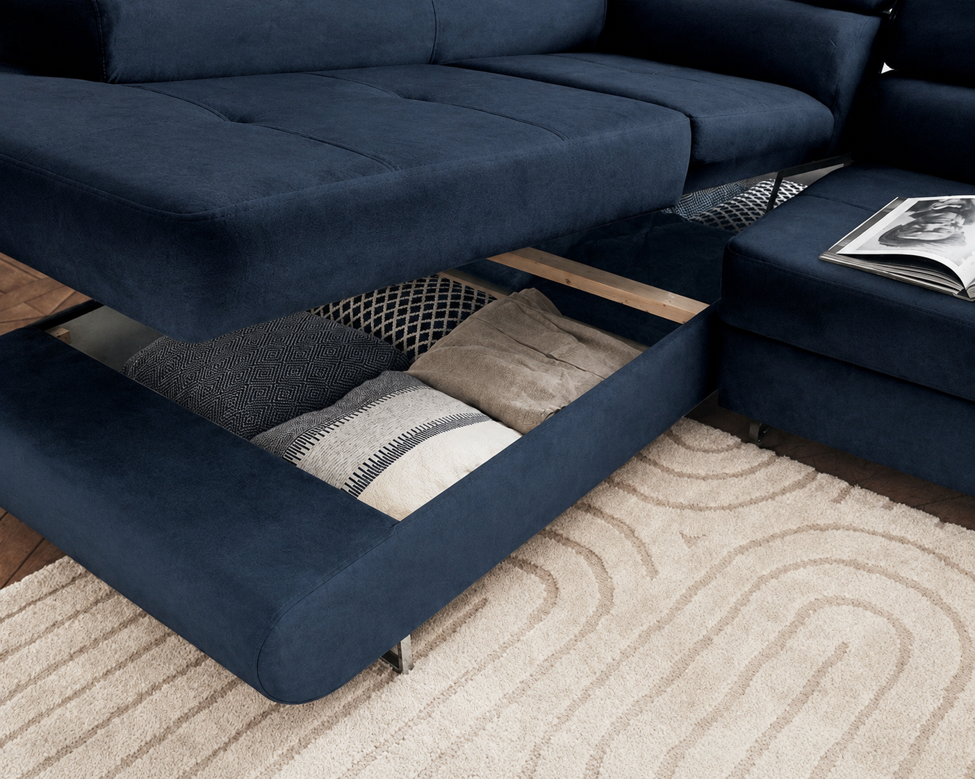 Canapé d’Angle Convertible TOULOUSE Bleu avec COFFRE de rangement – Angle Gauche – Velours – 275x202 cm