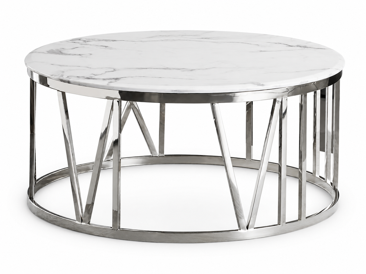 Table Basse ATMOS Ronde Plateau Verre Trempé Marbré Blanc Pieds Chrome D100x45cm