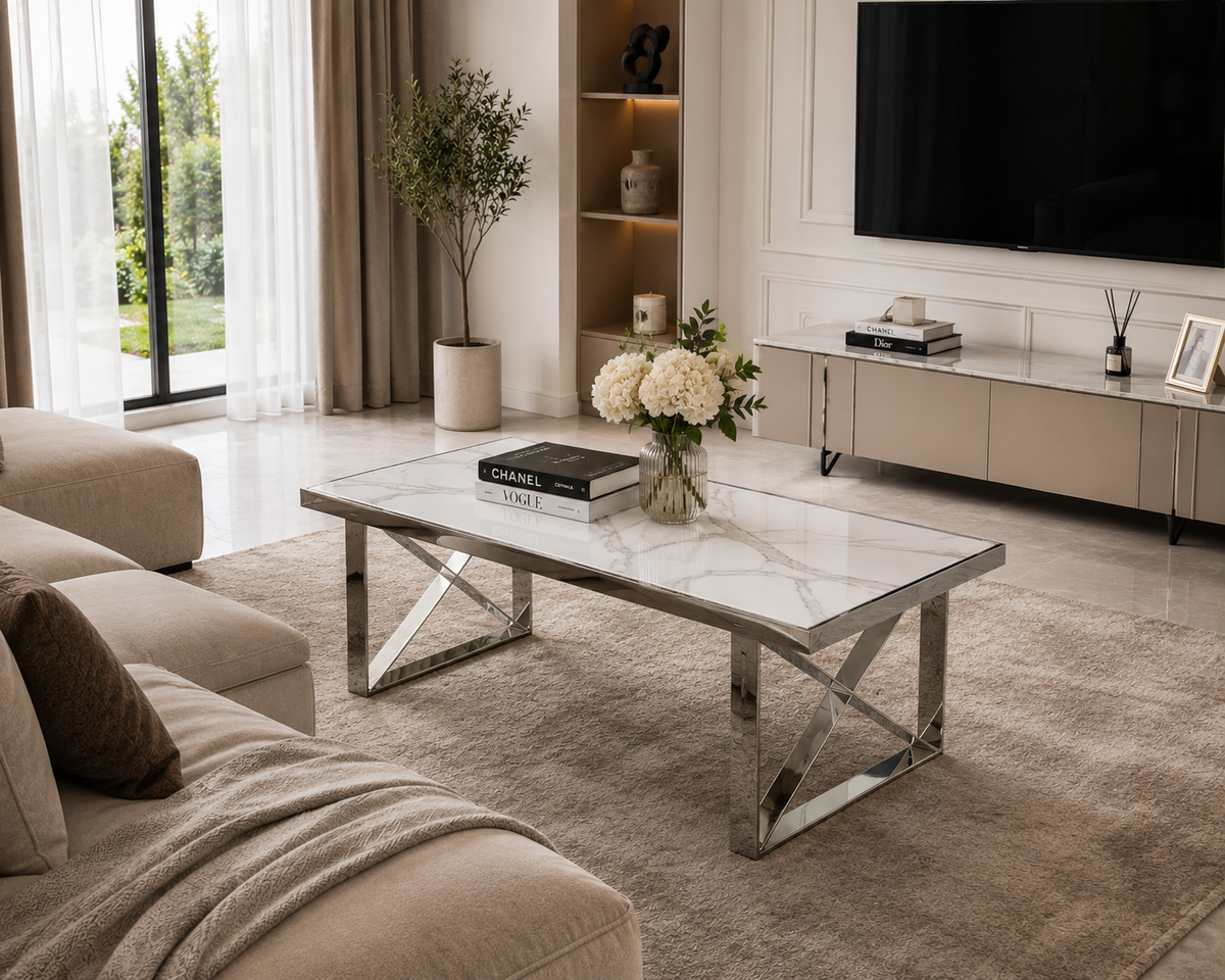 Table Basse LEVANTO – Chrome & Marbre Blanc – 120x60x45 cm