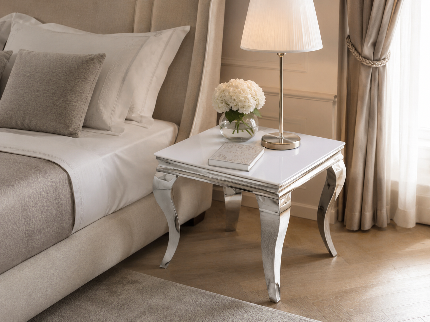 Guéridon BAROQUE – Chrome & Blanc – 55x55x55 cm #couleur_blanc