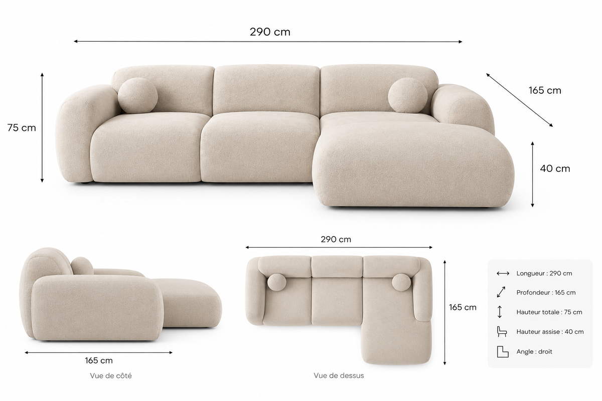 Canapé d’angle arrondi velours beige Cloud Bis - Angle Droit