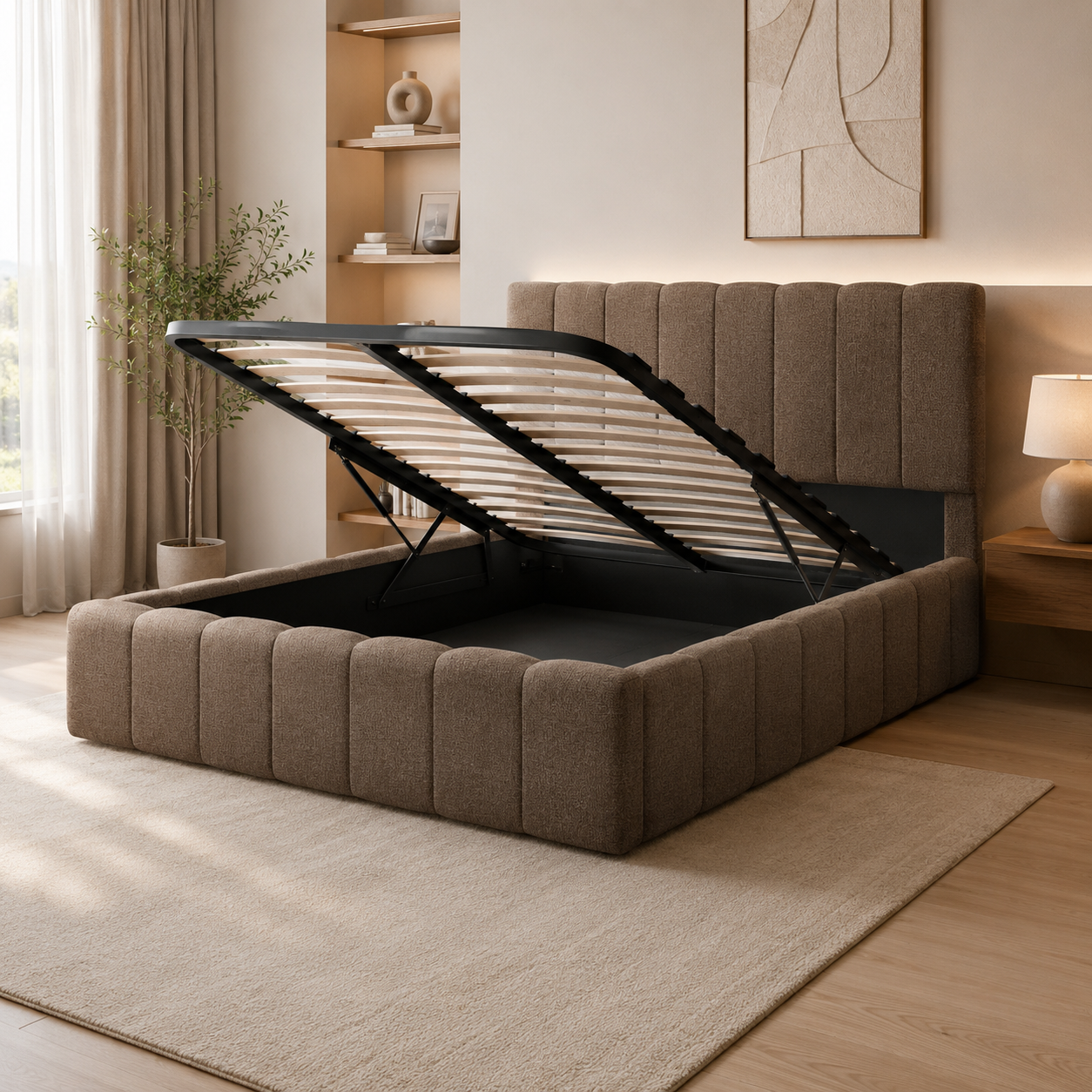 Lit Coffre 140x190 cm – Tissu Chenille Moka, Sommier à Lattes Inclus