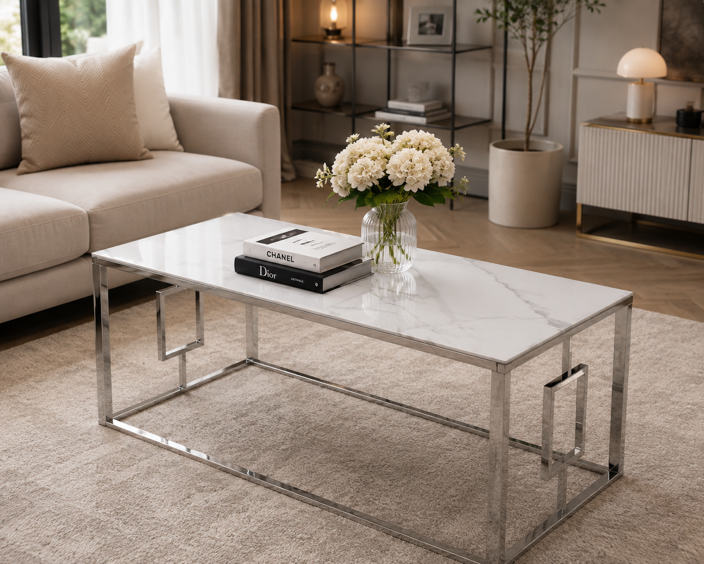 Table basse SOPHIE  pieds Chromé plateau en marbré blanc  120 cm