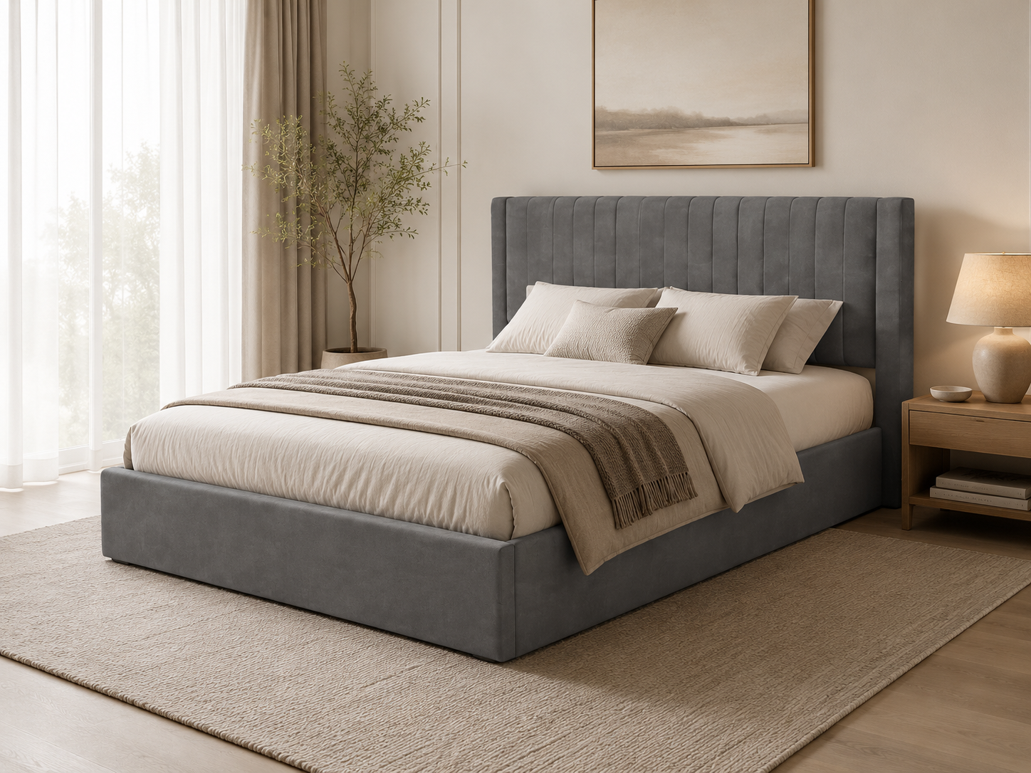 Lit Coffre 160x200 – Velours Gris Sommier Inclus #couleur_gris