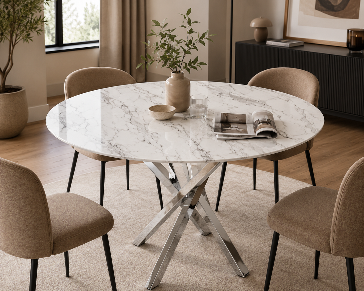 Table a manger ronde JESSICA chrome XXL 120 cm 4 couverts #couleur_marbré-blanc
