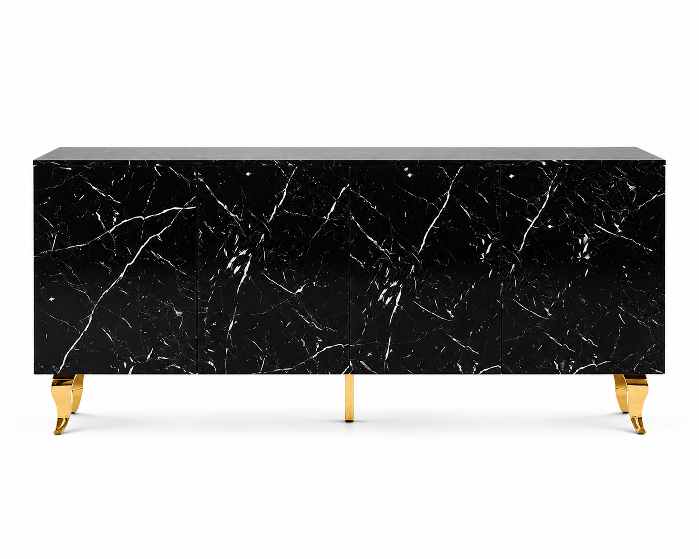 Buffet BAROQUE – Laqué Marbre Noir Pieds Doré – 4 Portes – 180x40x80 cm