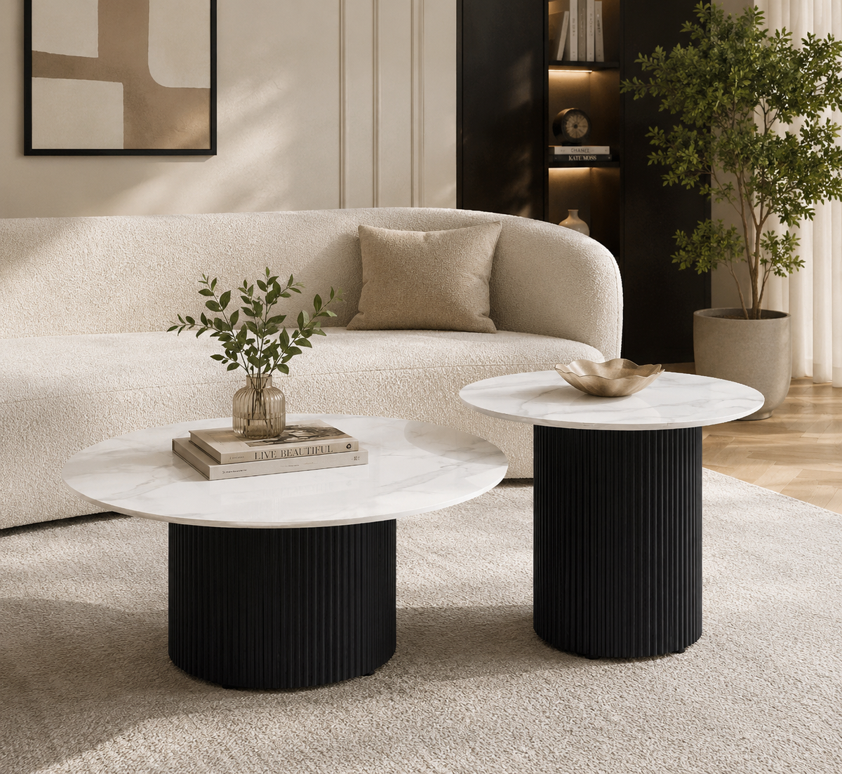 Duo Tables Gigognes Rondes Céramique Marbre Blanc & Métal Noir Ø80 cm – BAIETA