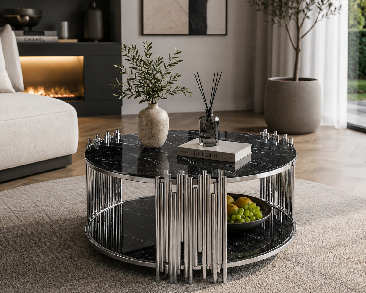 Table Basse ronde STICK Chrome et plateau en verre MARBRE NOIR D90 H45 cm