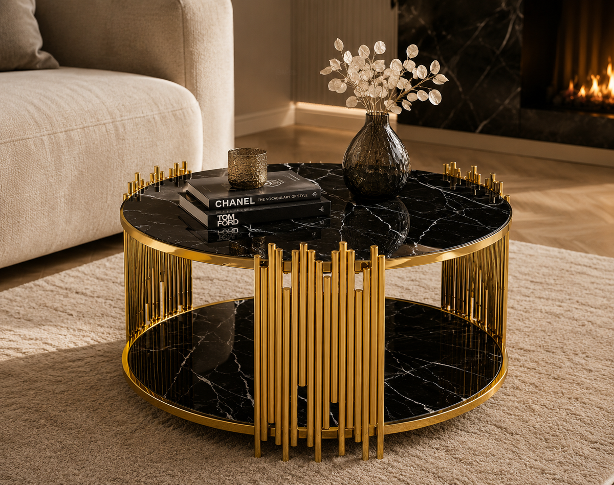 Table Basse ronde STICK Gold et plateau en verre MARBRE NOIR D90 H45 cm