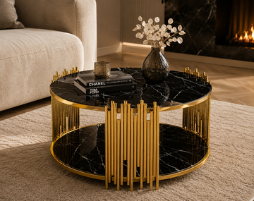 Table Basse ronde STICK Gold et plateau en verre MARBRE NOIR D90 H45 cm