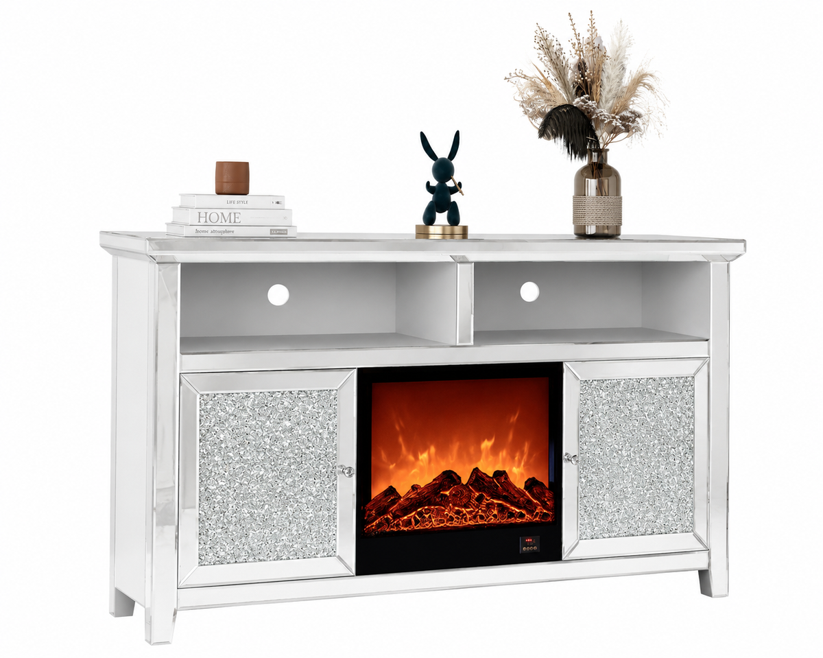 Meuble TV avec Cheminée ÉTINCELLE – 146x40x85 cm – Effet Miroir Chic
