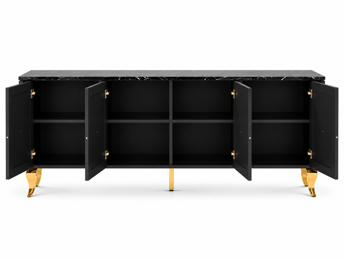 Buffet BAROQUE – Laqué Marbre Noir Pieds Doré – 4 Portes – 180x40x80 cm