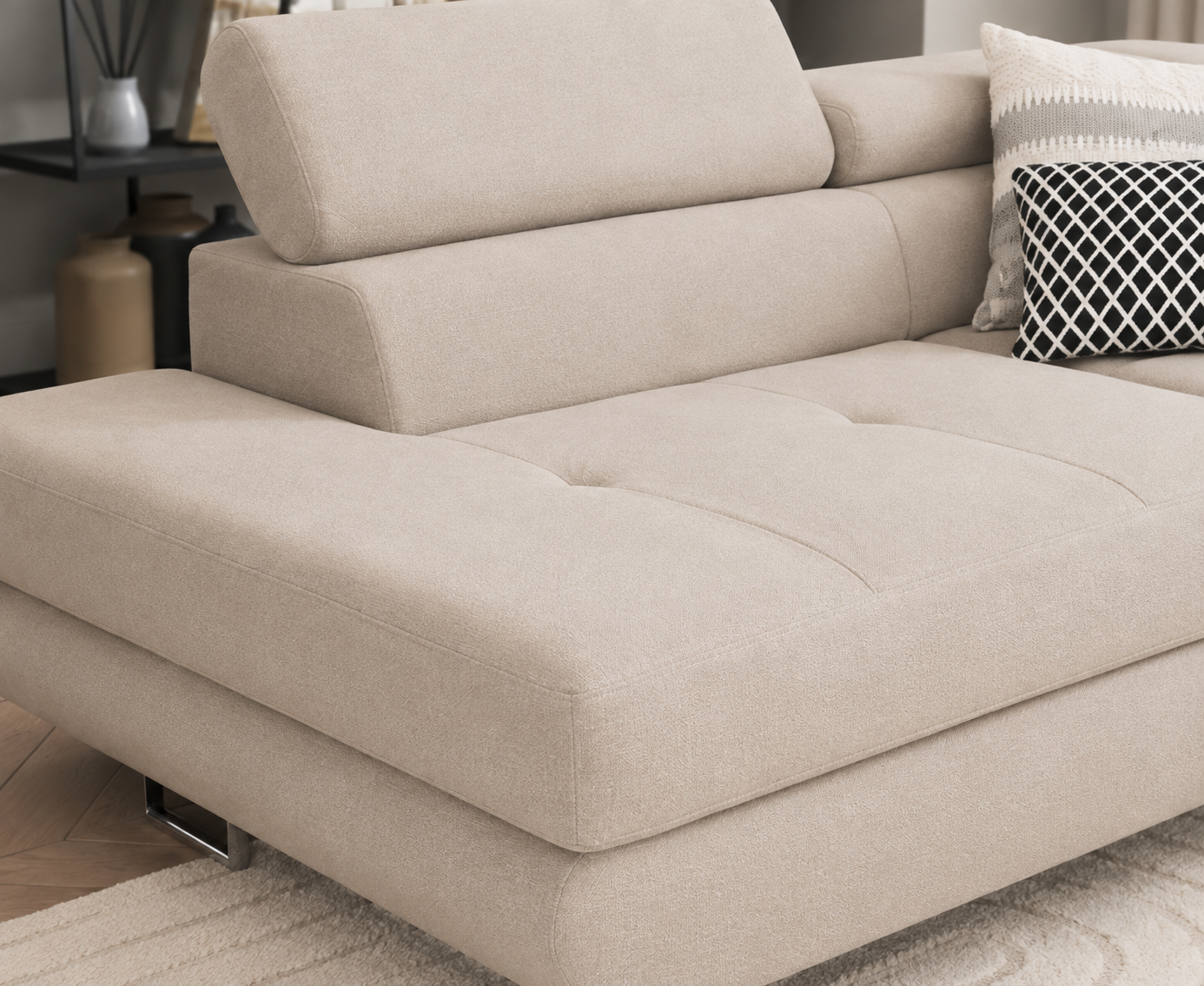 Canapé d’Angle Convertible TOULOUSE Beige avec COFFRE de rangement – Angle Gauche – Velours – 275x202 cm