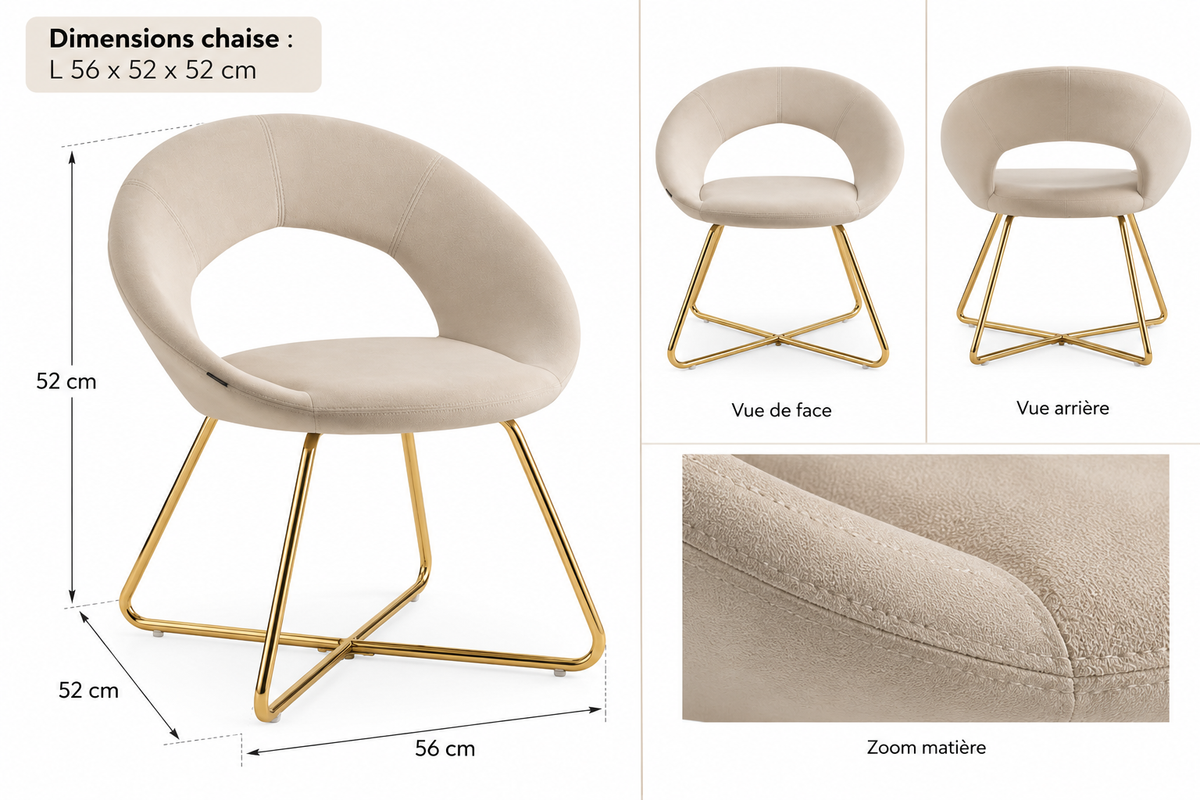 Lot de 4 Chaises BUBBLE Gold velours - écru
