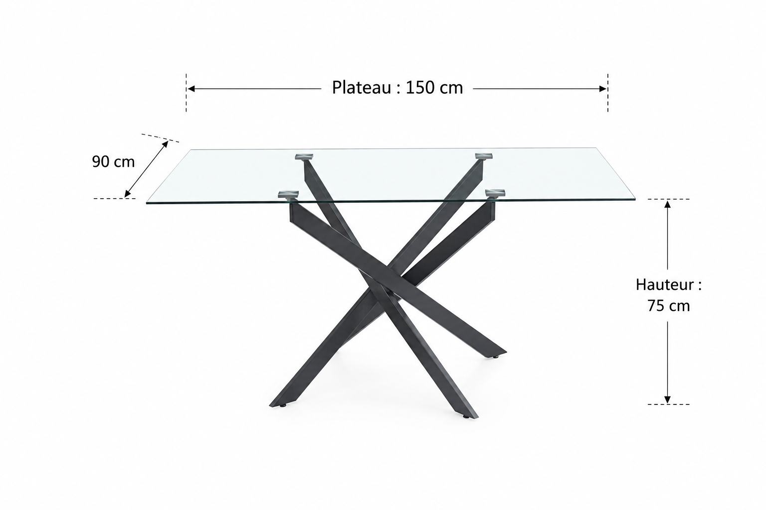 Table Repas JESSICA Métal noir et plateau en verre 150 cm 4 à 6 couverts transparent