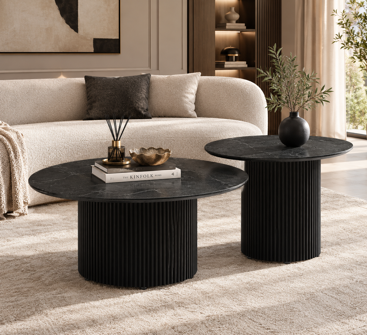 Duo Tables Gigognes Rondes Plateau Noir Mat & Métal Noir Ø80 cm – BAIETA
