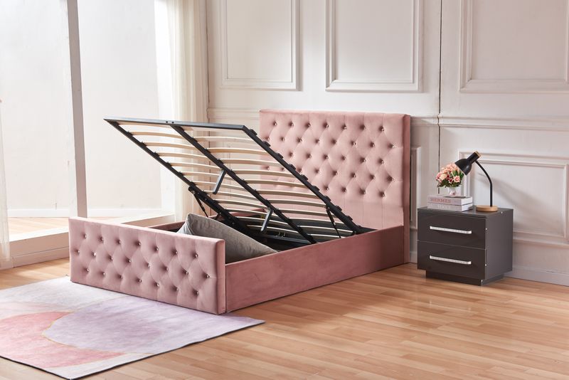 Lit coffre capitonné velours rose 160x200 cm sommier inclus VICTORIA
