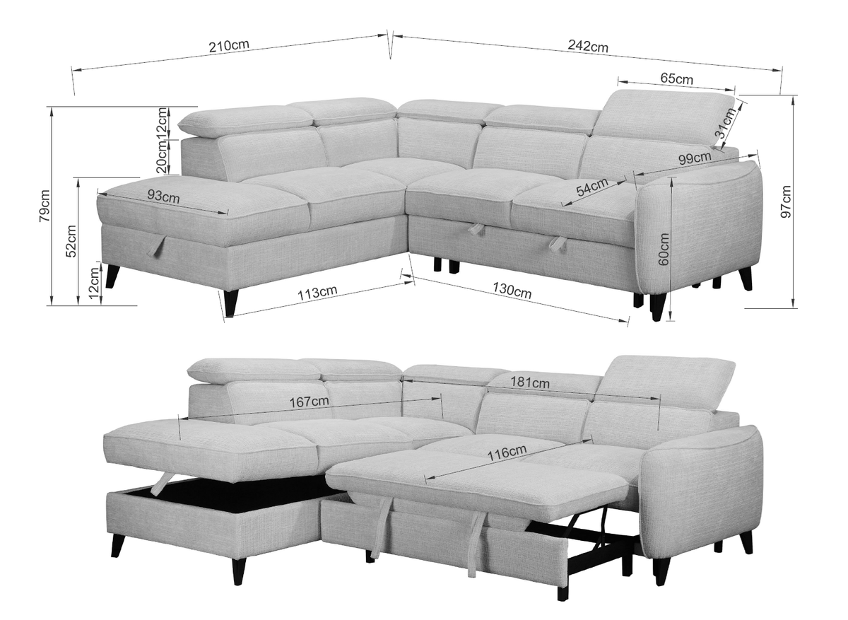 Canapé d’angle droit convertible avec coffre en tissu Cremona beige – Bari