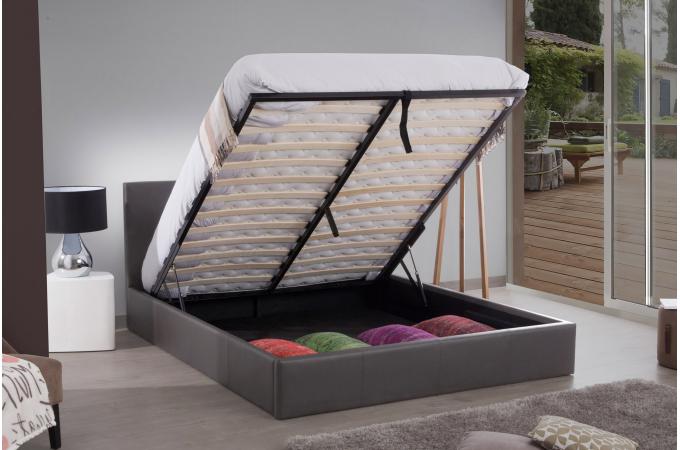 Lit coffre 2 places 160x200 cm BASTIEN simili cuir sommier inclus