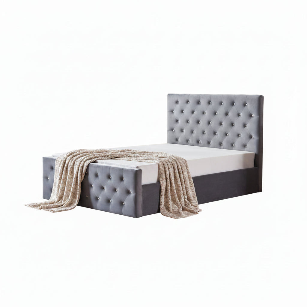 Lit coffre capitonné velours gris 160x200 cm sommier inclus VICTORIA