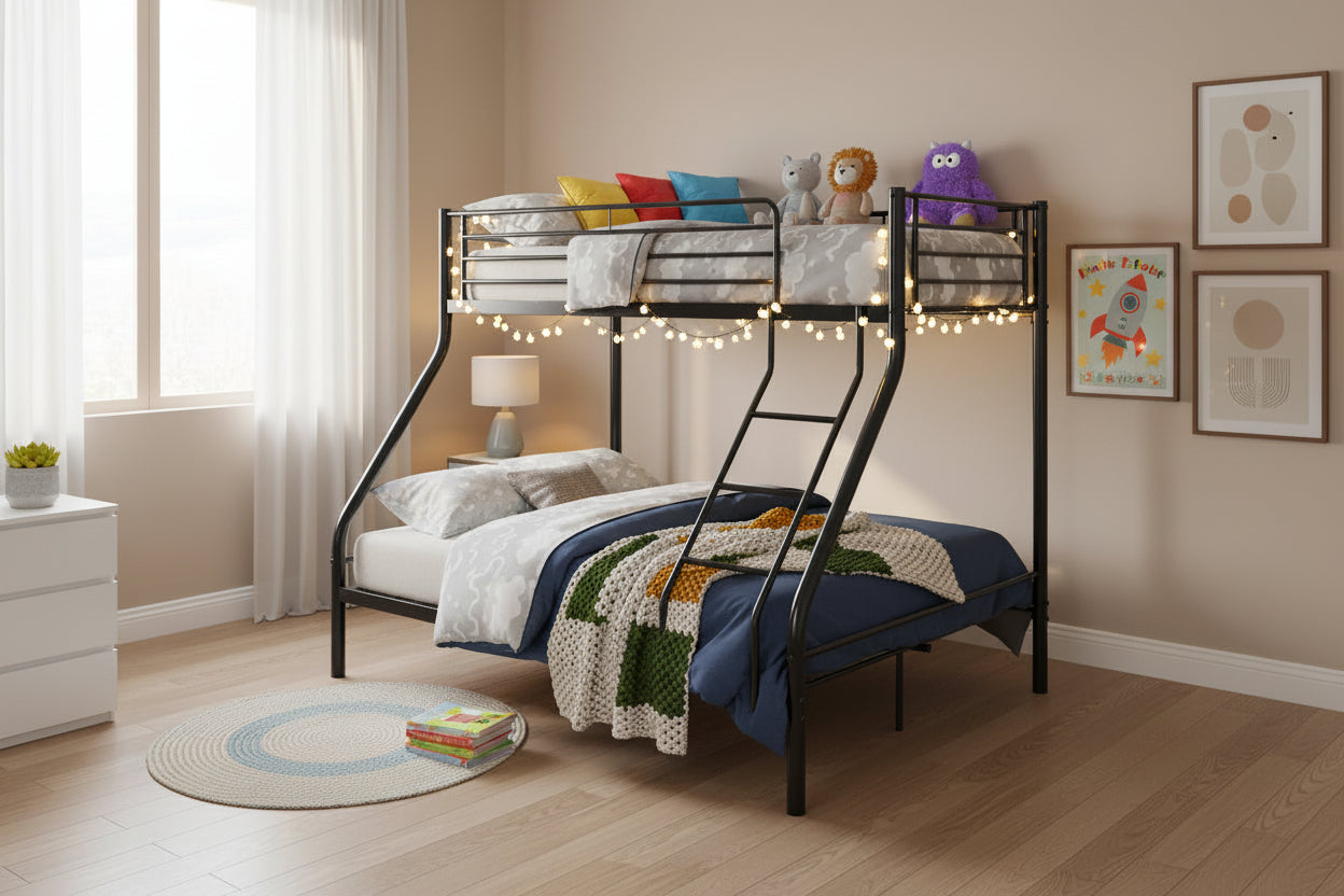 Pack: Lit superposé en métal sommier inclus + 2 Matelas 90/140x190 cm, 3 places Noir COSTO