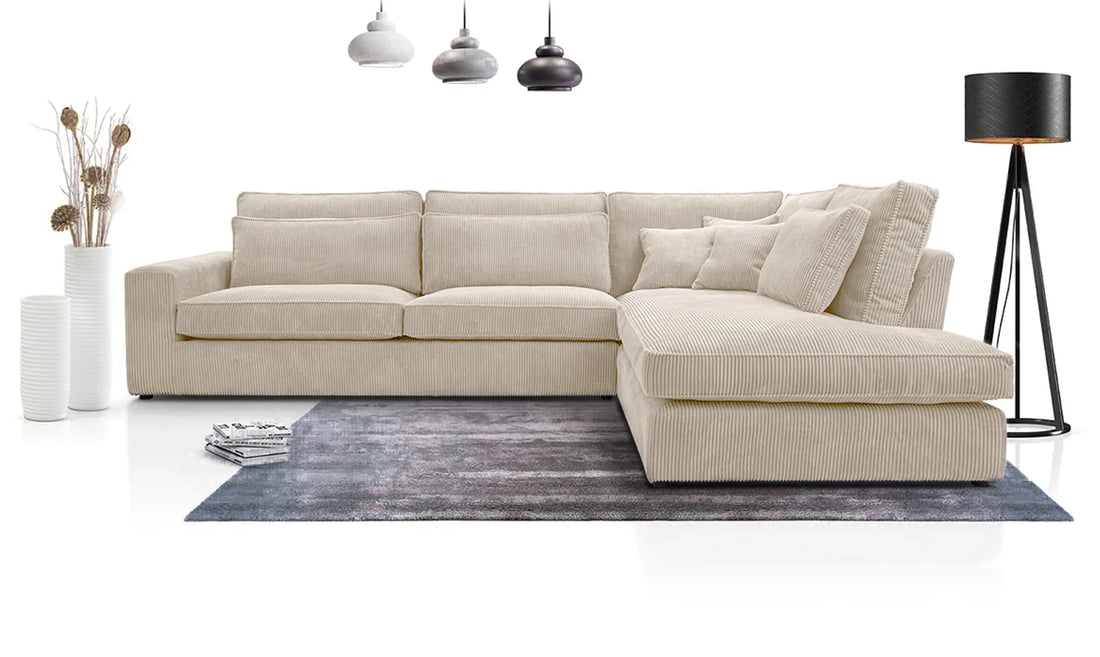 Canapé BRISTOL – En L – Angle Droit – Velours – 316x230 cm #couleur_cotele_ecru