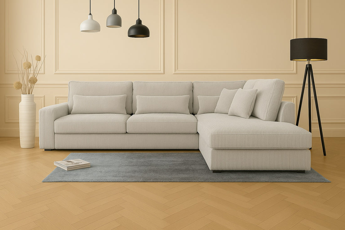 Canapé BRISTOL – En L – Angle Droit – Velours – 316x230 cm #couleur_cotele_ecru