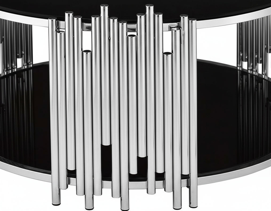 Table Basse ronde STICK Chrome et plateau en verre NOIR D90 H45 cm