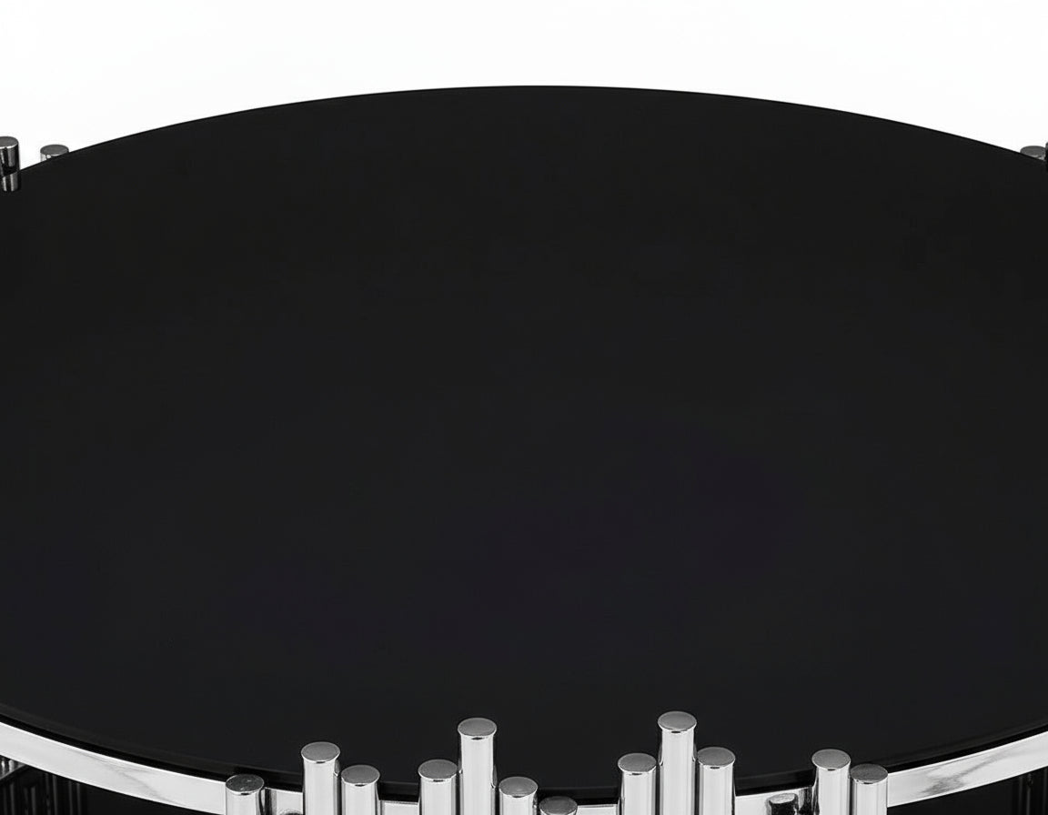Table Basse ronde STICK Chrome et plateau en verre NOIR D90 H45 cm