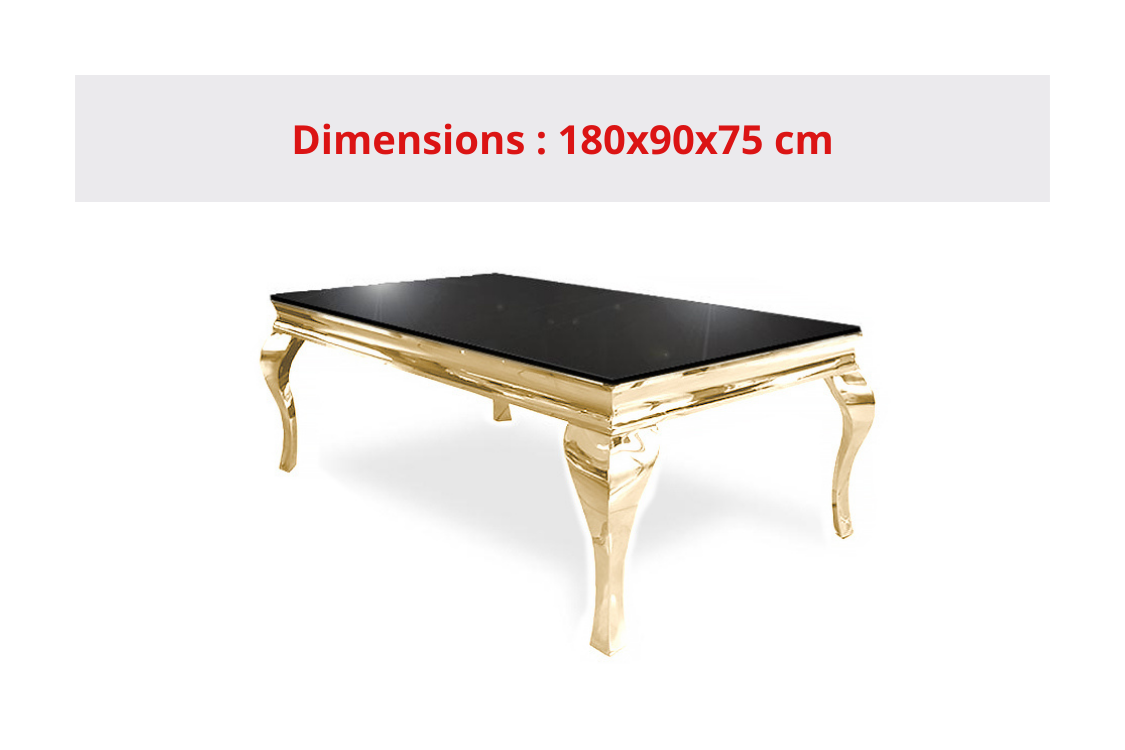Table à manger BAROQUE 6 à 8 couverts 180x90 cm pieds gold plateau en verre noir