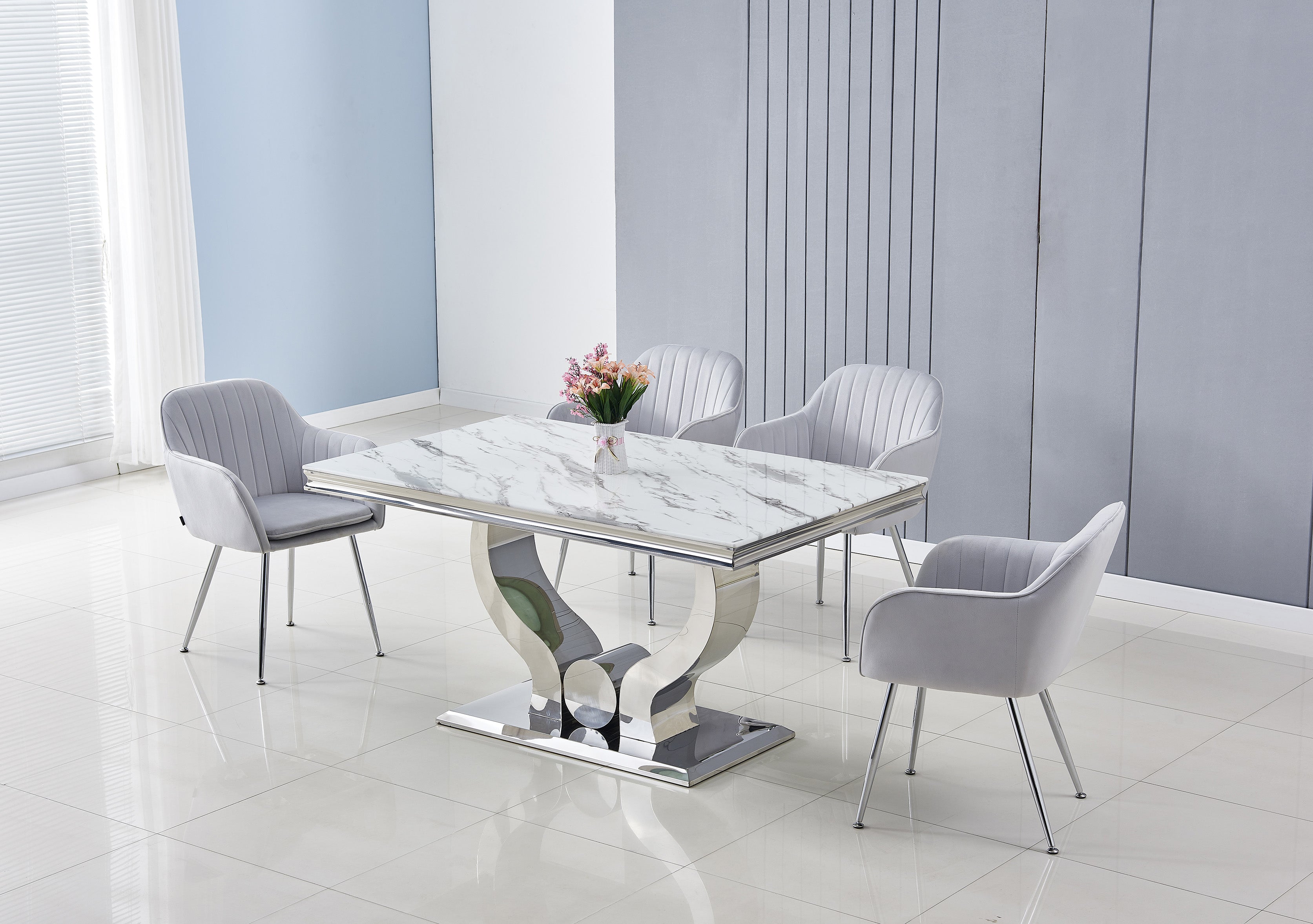 Table à manger TROFY 4 à 6 personnes 150x90 cm chrome plateau en verre effet marbré blanc