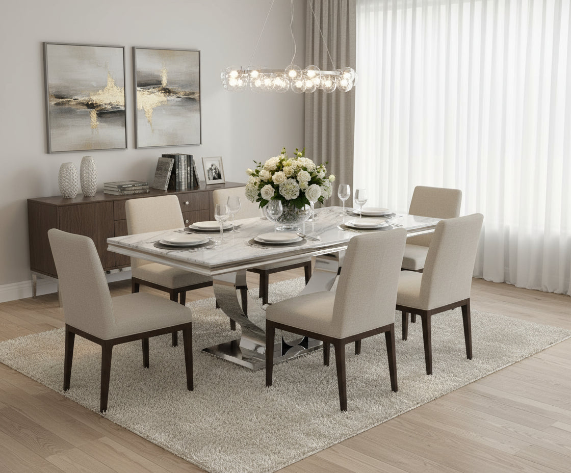 Table à manger TROFY 4 à 6 personnes 150x90 cm chrome plateau en verre effet marbré blanc