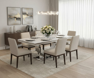 Table à manger verre marbré blanc pied métal chrome 150x90 cm TROFY