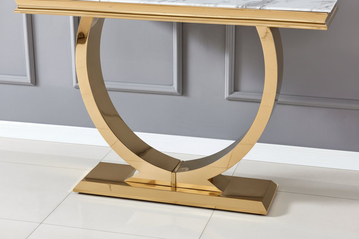 Console métal gold plateau effet marbre blanc 120x40x78 cm OMEGA
