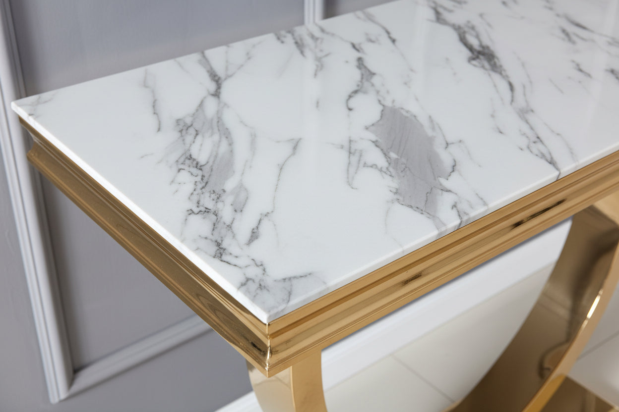 Console métal gold plateau effet marbre blanc 120x40x78 cm OMEGA