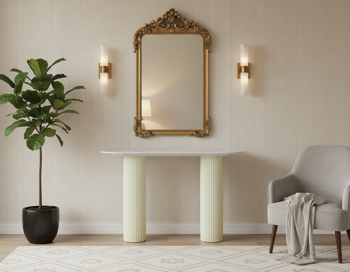 Console ROXY Céramique Marbre Blanc & Pieds Beige 120x40x78 cm