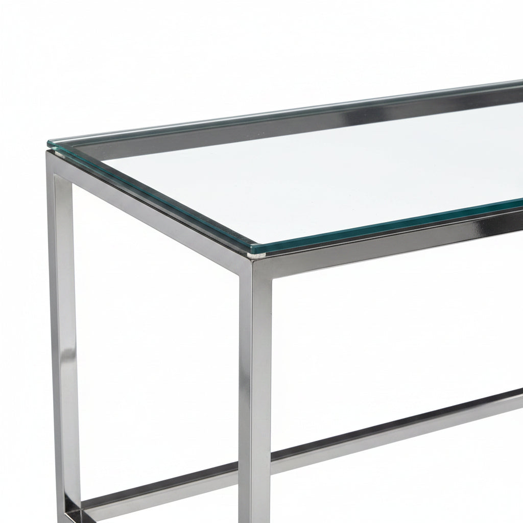Console métal chrome plateau transparent 120x40x78 cm ROMY