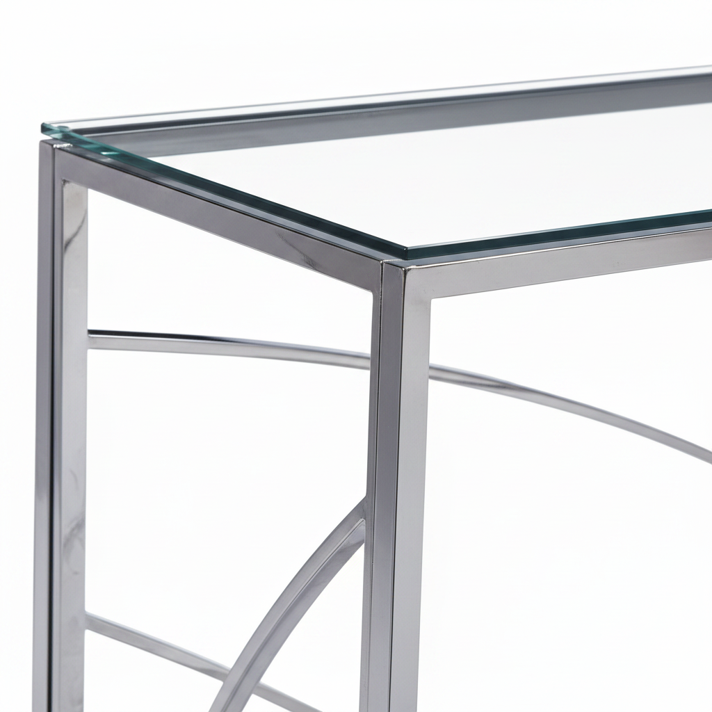 Console métal chrome plateau verre transparent 120x40x78 cm CALVIN