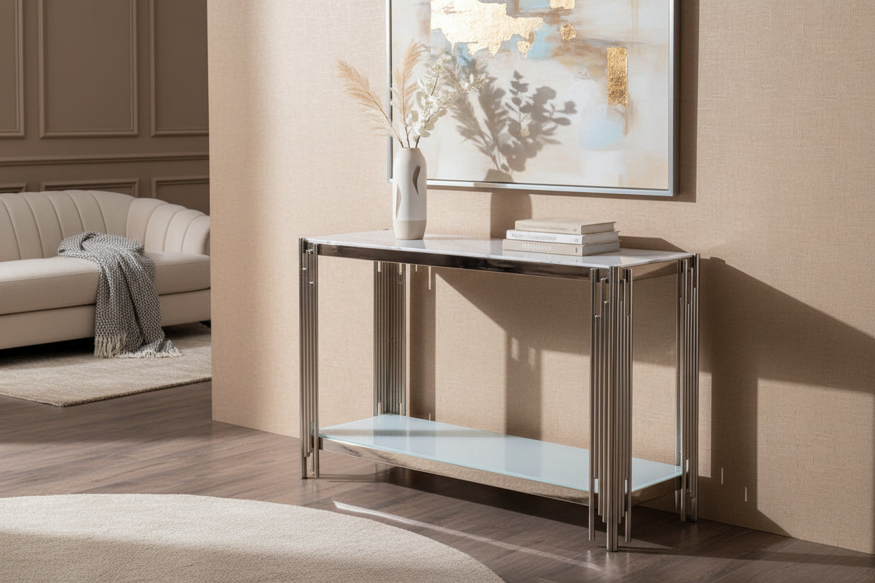 Console chrome verre marbré blanc 120x40x78 cm FLUTE