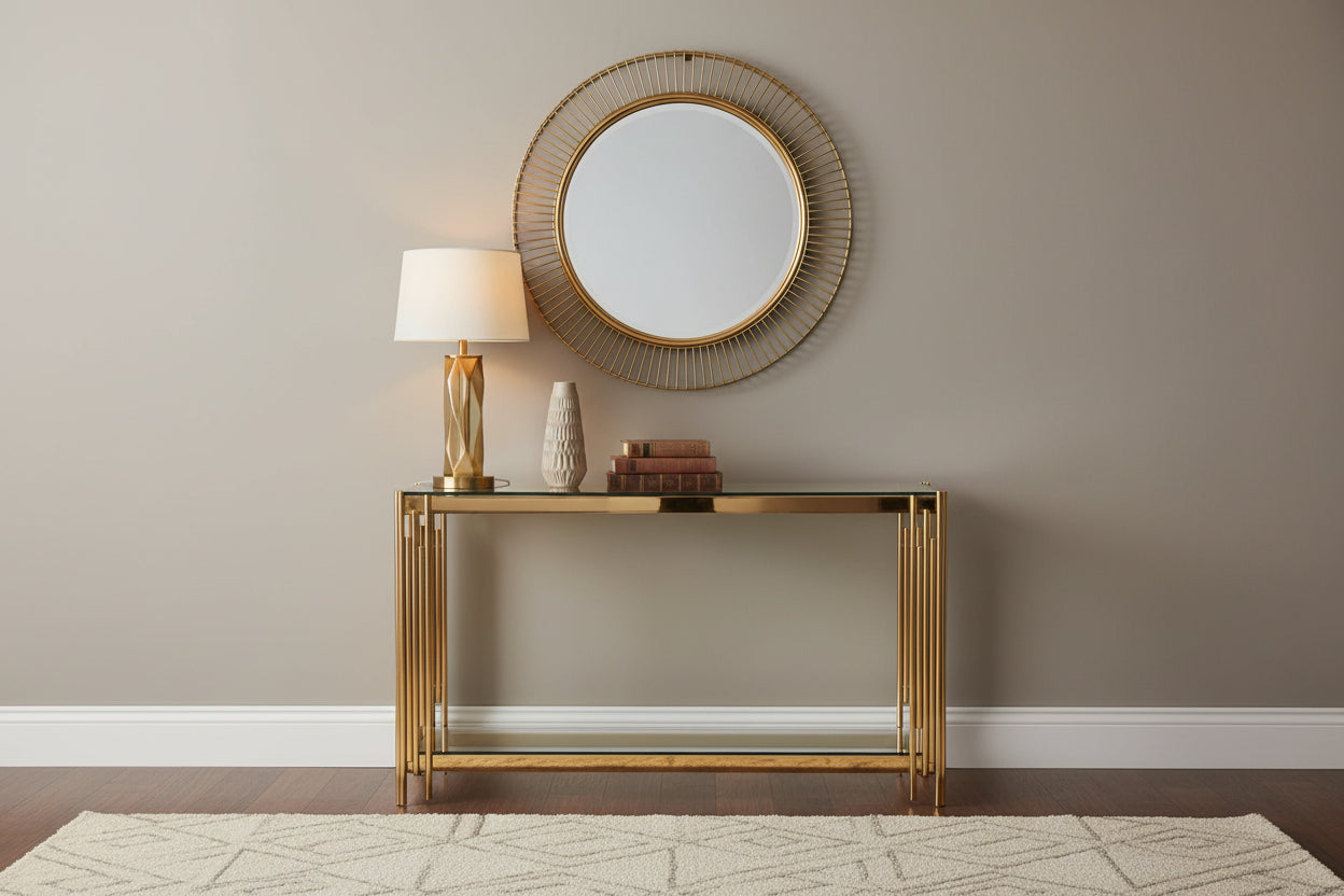 Console FLUTE Gold plateau en verre 120x40x78 cm #couleur_transparent