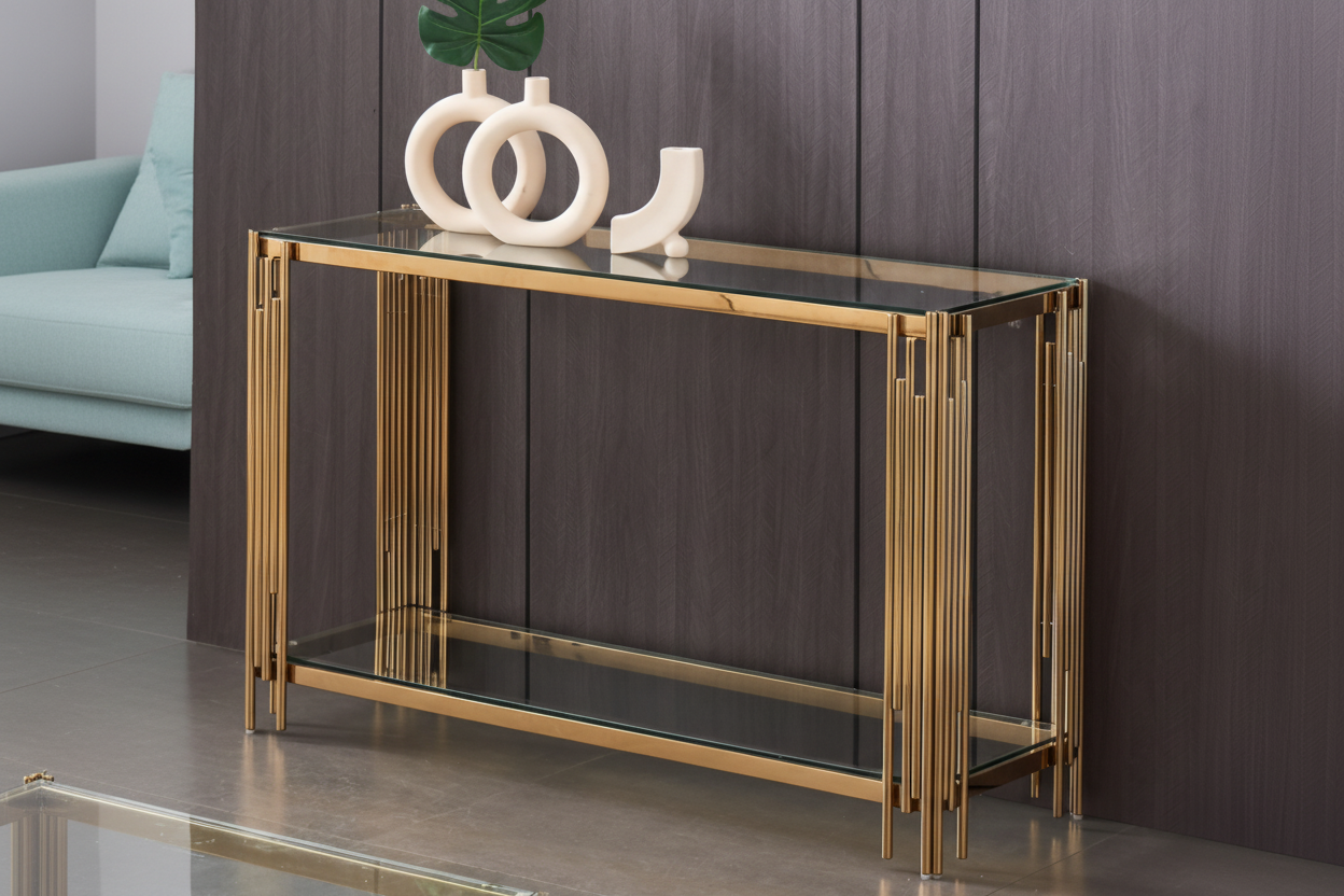 Console FLUTE Gold plateau en verre 120x40x78 cm #couleur_transparent