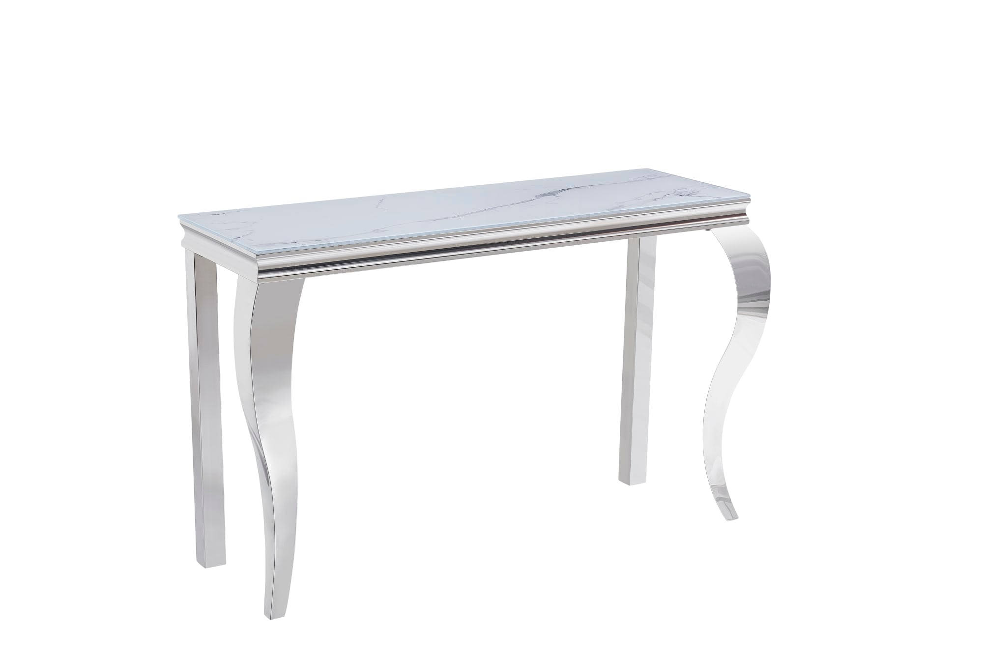 CONSOLE BAROQUE CHROME VERRE MARBRE BLANC 120X40X78