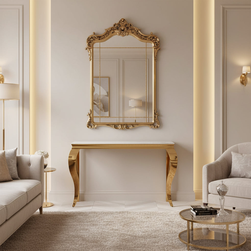Console métal doré plateau verre trempé marbre blanc 120 cm BAROQUE